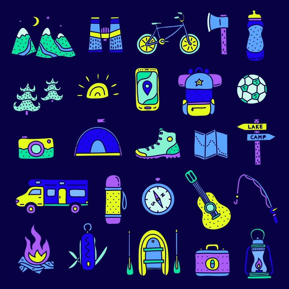 set di icone colorate doodle camp e outdoor isolate su sfondo scuro. vettore