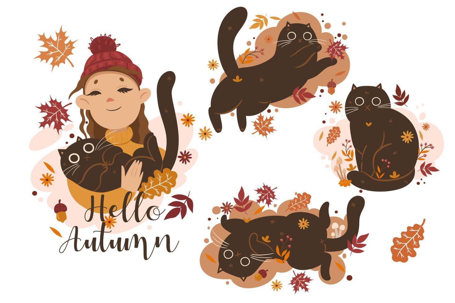 insieme autunnale di gatti e illustrazioni di ragazze e la scritta ciao autunno. grafica vettoriale