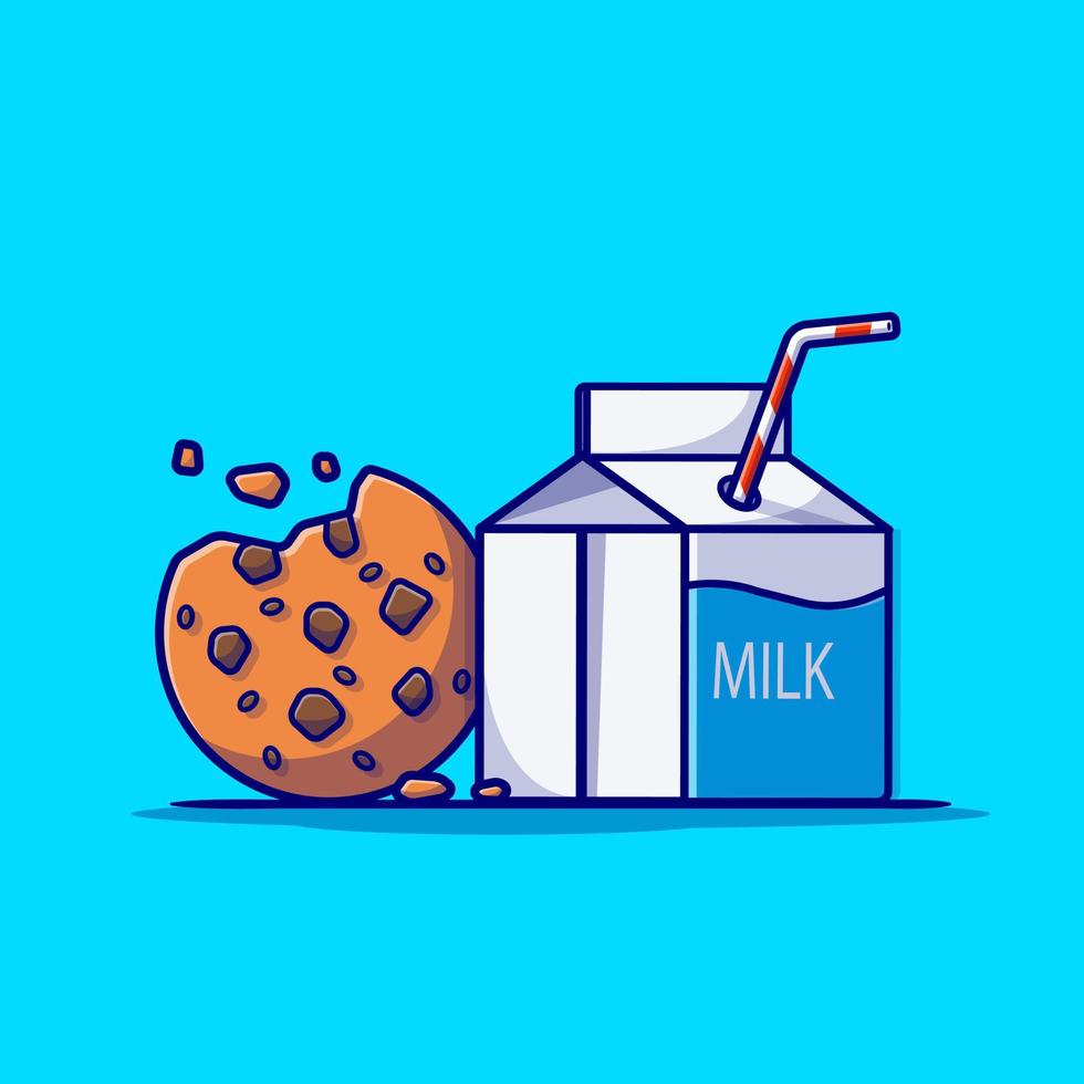 scatola del latte e biscotti al cioccolato fumetto icona vettore illustrazione. cibo e bevande icona concetto isolato vettore premium. stile cartone animato piatto