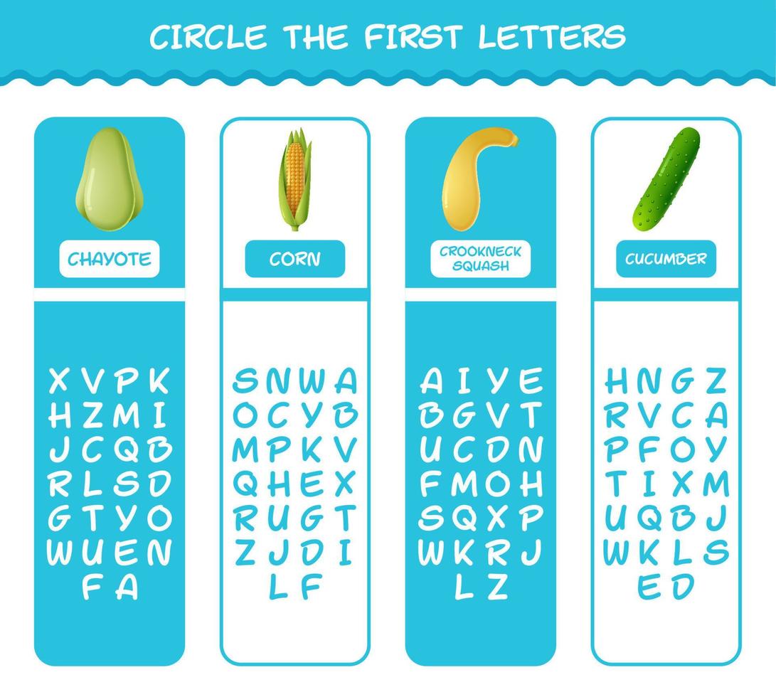 cerchia le prime lettere delle verdure dei cartoni animati. gioco di abbinamento. gioco educativo per bambini e bambini in età prescolare vettore