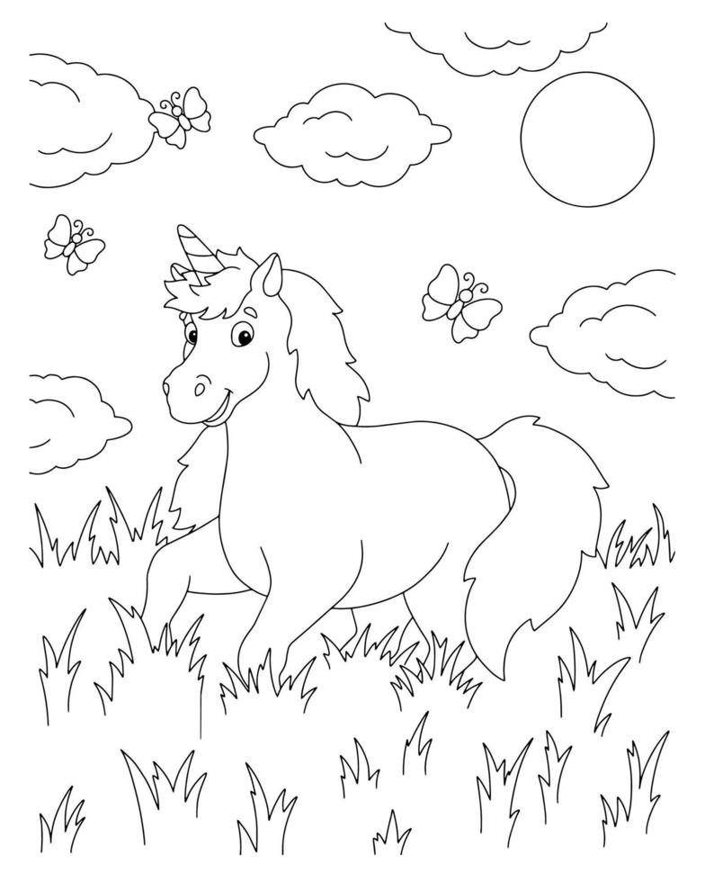 un allegro unicorno salta sull'erba. pagina del libro da colorare per bambini. personaggio in stile cartone animato. illustrazione vettoriale isolato su sfondo bianco.