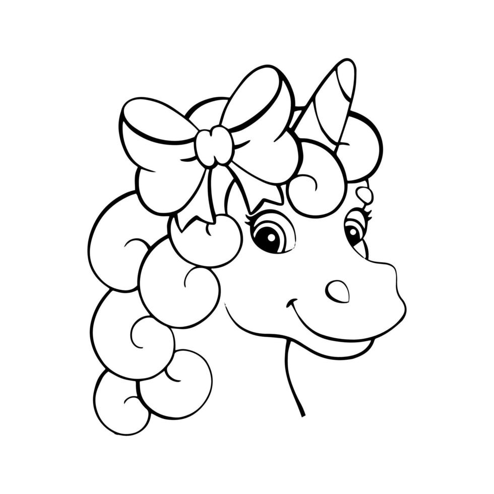 pagina da colorare per bambini testa di unicorno. timbro digitale. personaggio in stile cartone animato. illustrazione vettoriale isolato su sfondo bianco.