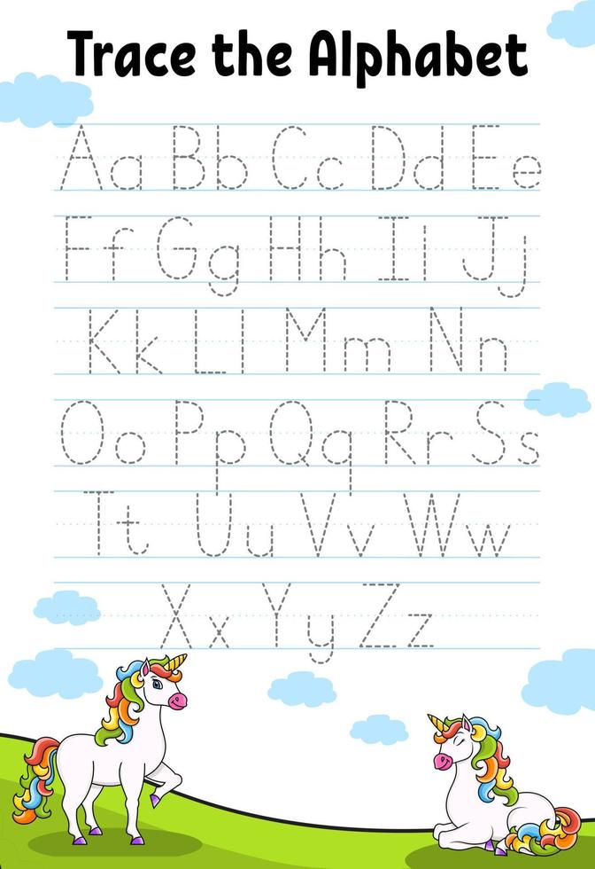 scrivendo lettere. pagina di tracciamento con unicorno. foglio di pratica. foglio di lavoro per bambini. impara l'alfabeto personaggio carino. illustrazione vettoriale a colori. stile cartone animato.