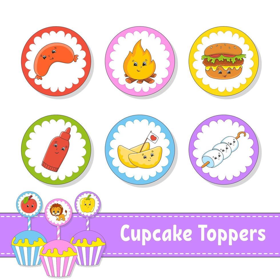 toppers per cupcake. set di sei immagini rotonde. tema barbecue. personaggi dei cartoni animati. immagine carina. per il compleanno, baby shower. vettore