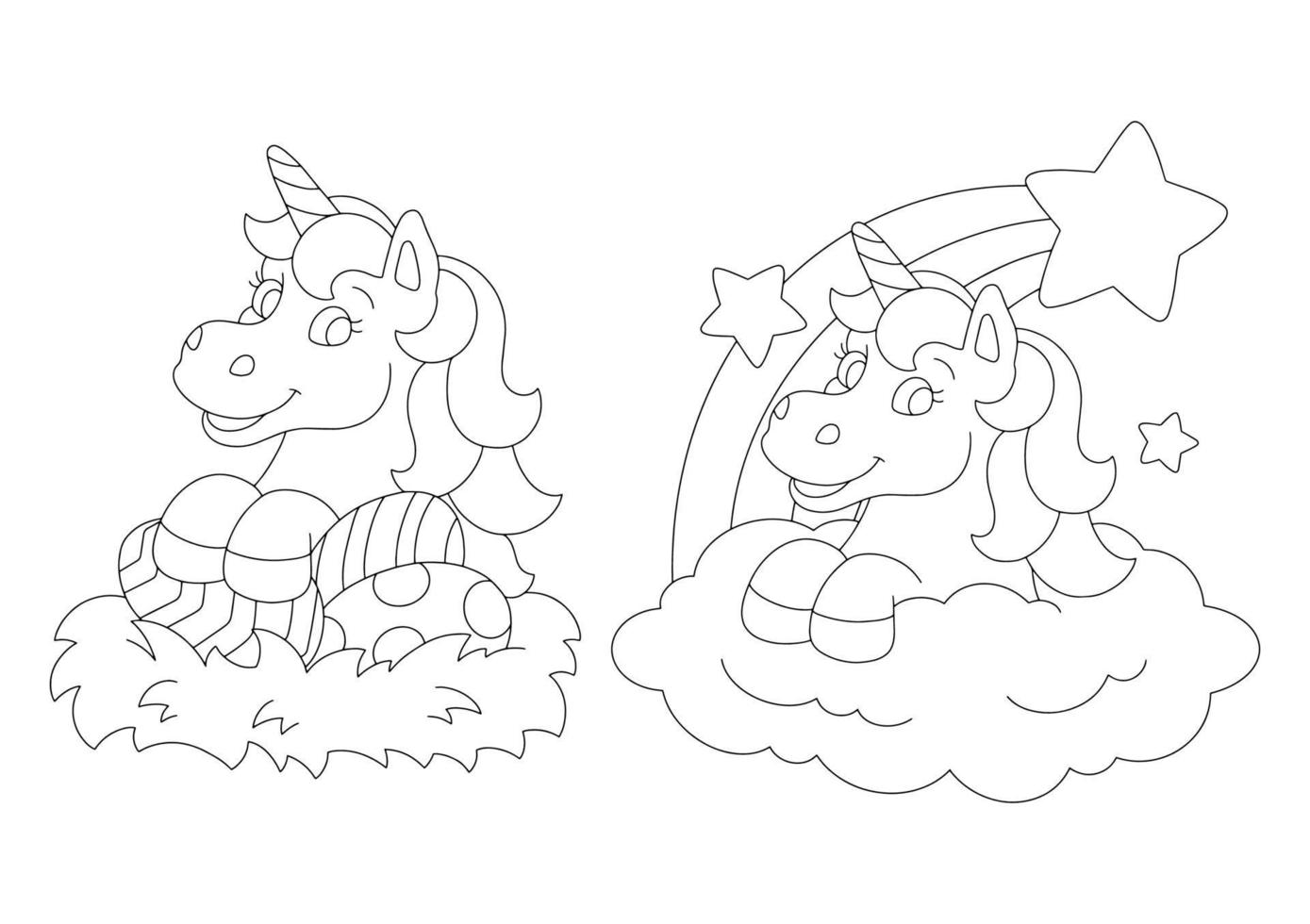 set di due favolosi unicorni. pagina del libro da colorare per bambini. personaggio in stile cartone animato. illustrazione vettoriale isolato su sfondo bianco.