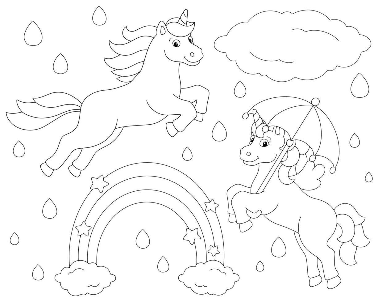 arcobaleno, pioggia e simpatici unicorni. pagina del libro da colorare per bambini. personaggio in stile cartone animato. illustrazione vettoriale isolato su sfondo bianco.