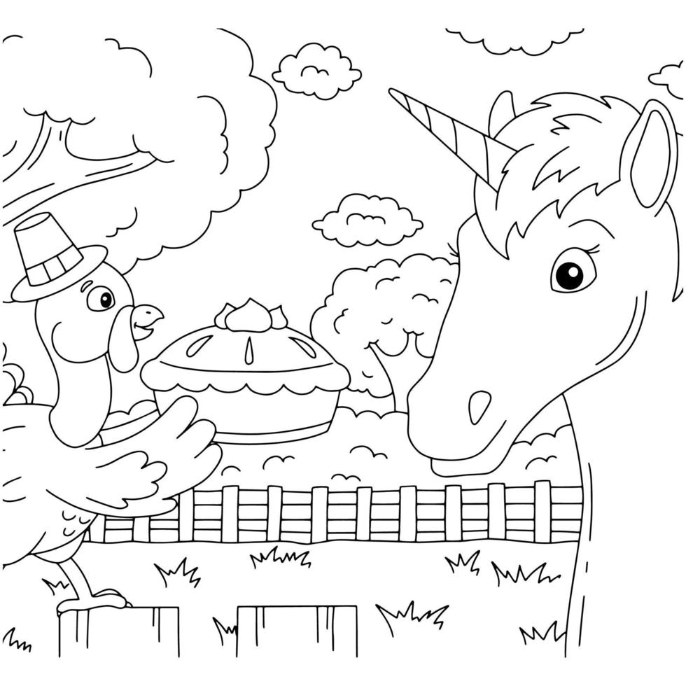 un tacchino di fattoria porta una torta di zucca. carino unicorno. cavallo magico fata. pagina del libro da colorare per bambini. giorno del Ringraziamento. stile cartone animato. illustrazione vettoriale isolato su sfondo bianco.