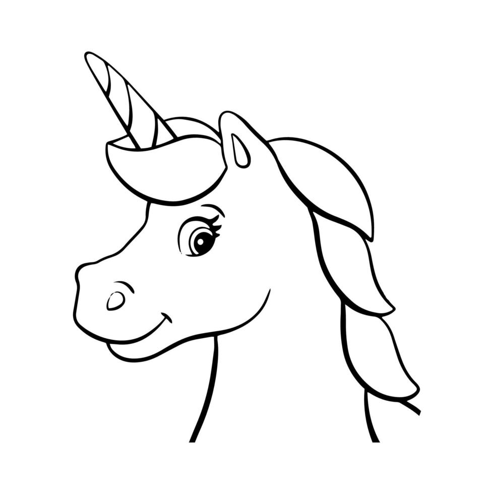 pagina da colorare per bambini testa di unicorno. timbro digitale. personaggio in stile cartone animato. illustrazione vettoriale isolato su sfondo bianco.