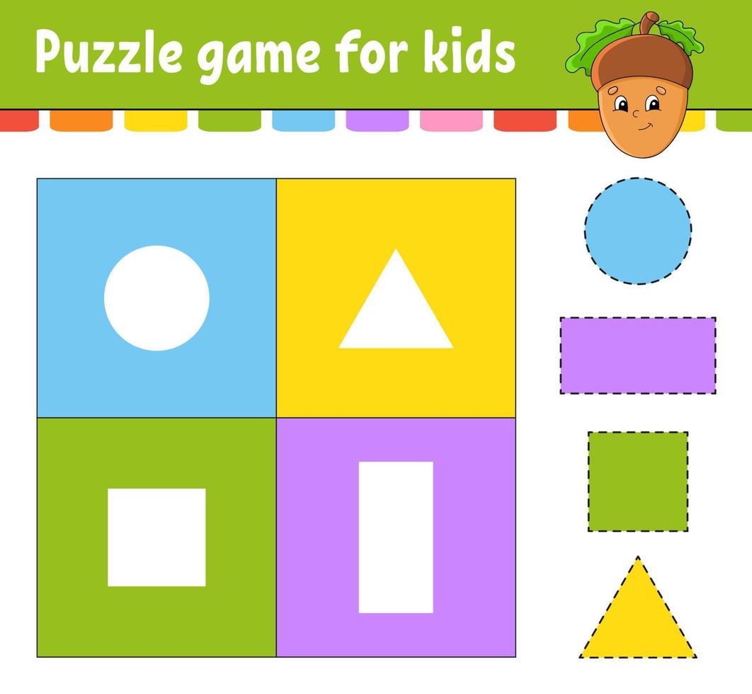 gioco di puzzle per bambini. taglia e incolla. pratica di taglio. forme di apprendimento. foglio di lavoro per l'istruzione. cerchio, quadrato, rettangolo, triangolo. pagina delle attività. personaggio dei cartoni animati. vettore