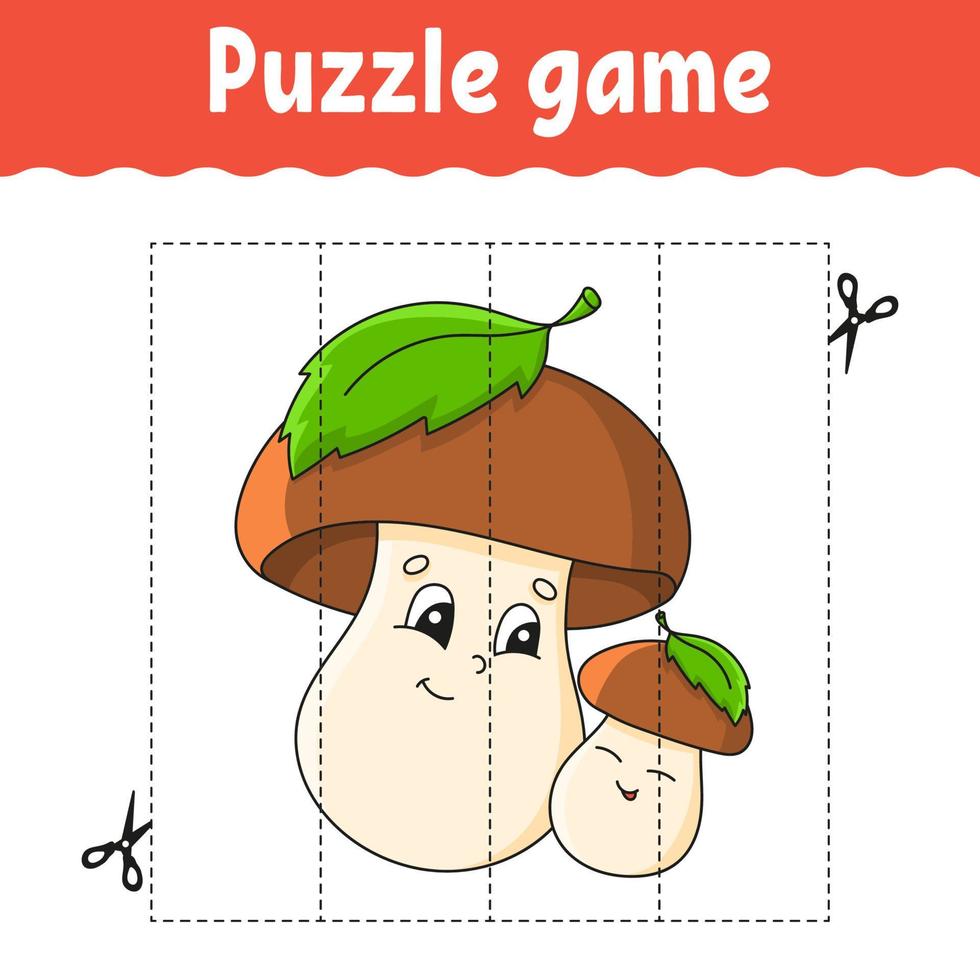 gioco di puzzle per bambini. pratica di taglio. foglio di lavoro per lo sviluppo dell'istruzione. tema autunnale. pagina delle attività. personaggio dei cartoni animati. illustrazione vettoriale. vettore