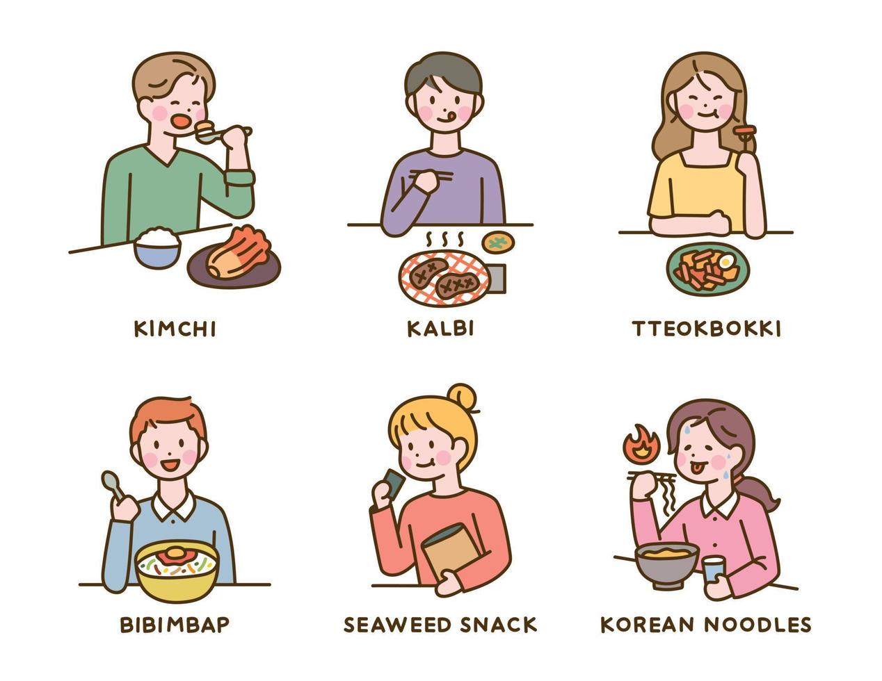 menu di cibo coreano. personaggi carini stanno mangiando cibo delizioso. illustrazione vettoriale in stile design piatto.