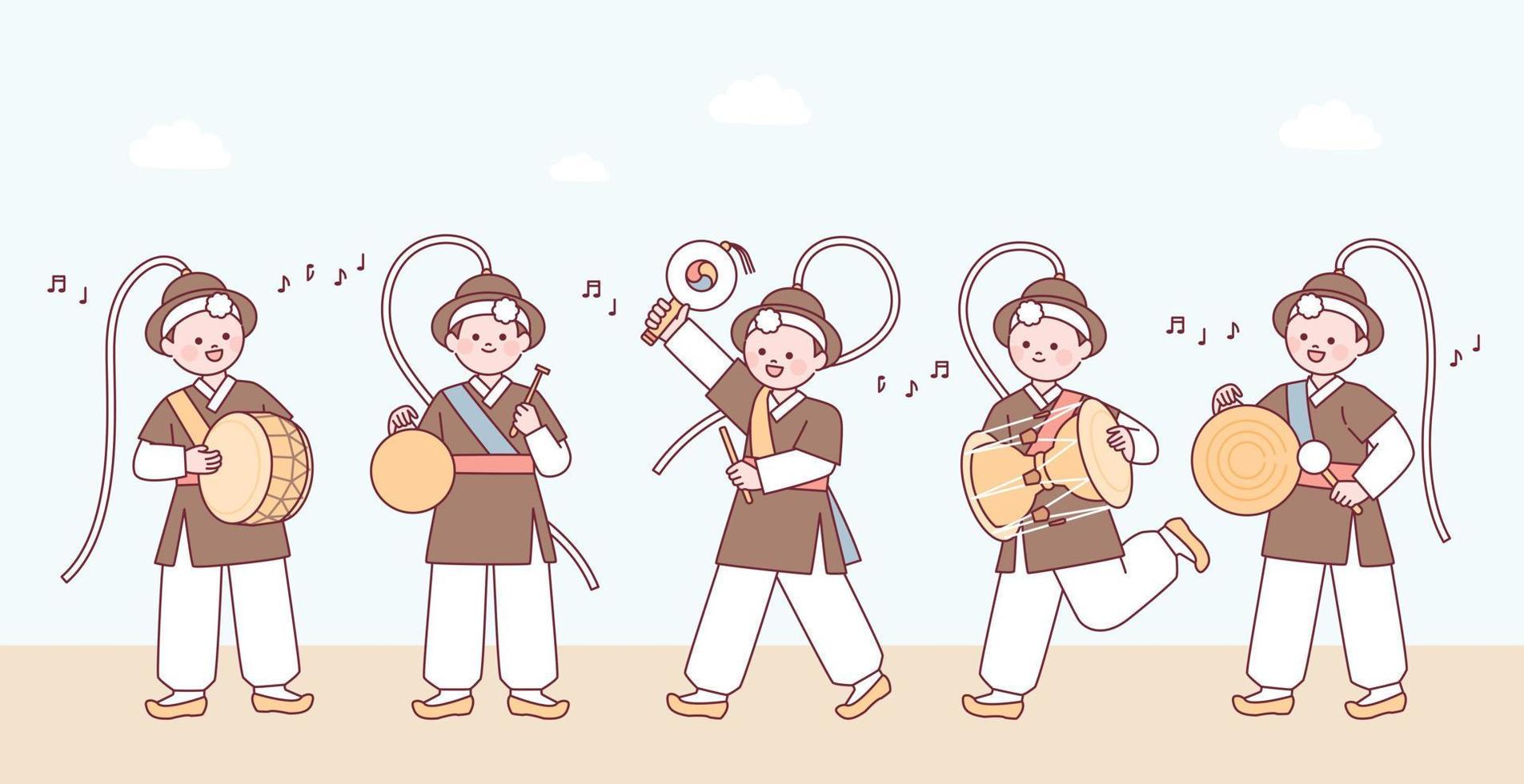 simpatici personaggi che indossano abiti tradizionali coreani e suonano strumenti musicali tradizionali. vettore