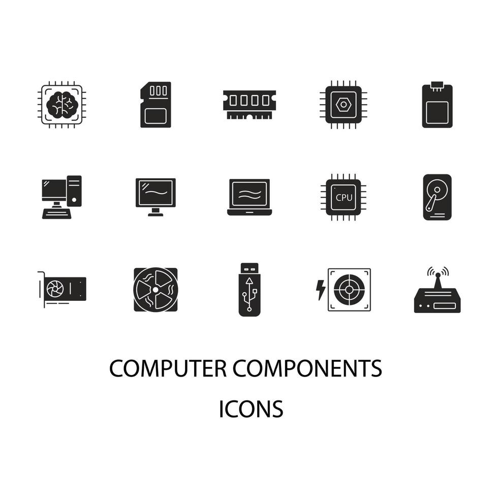 set di icone dei componenti del computer. i componenti del computer imballano gli elementi di vettore di simbolo per il web di infografica