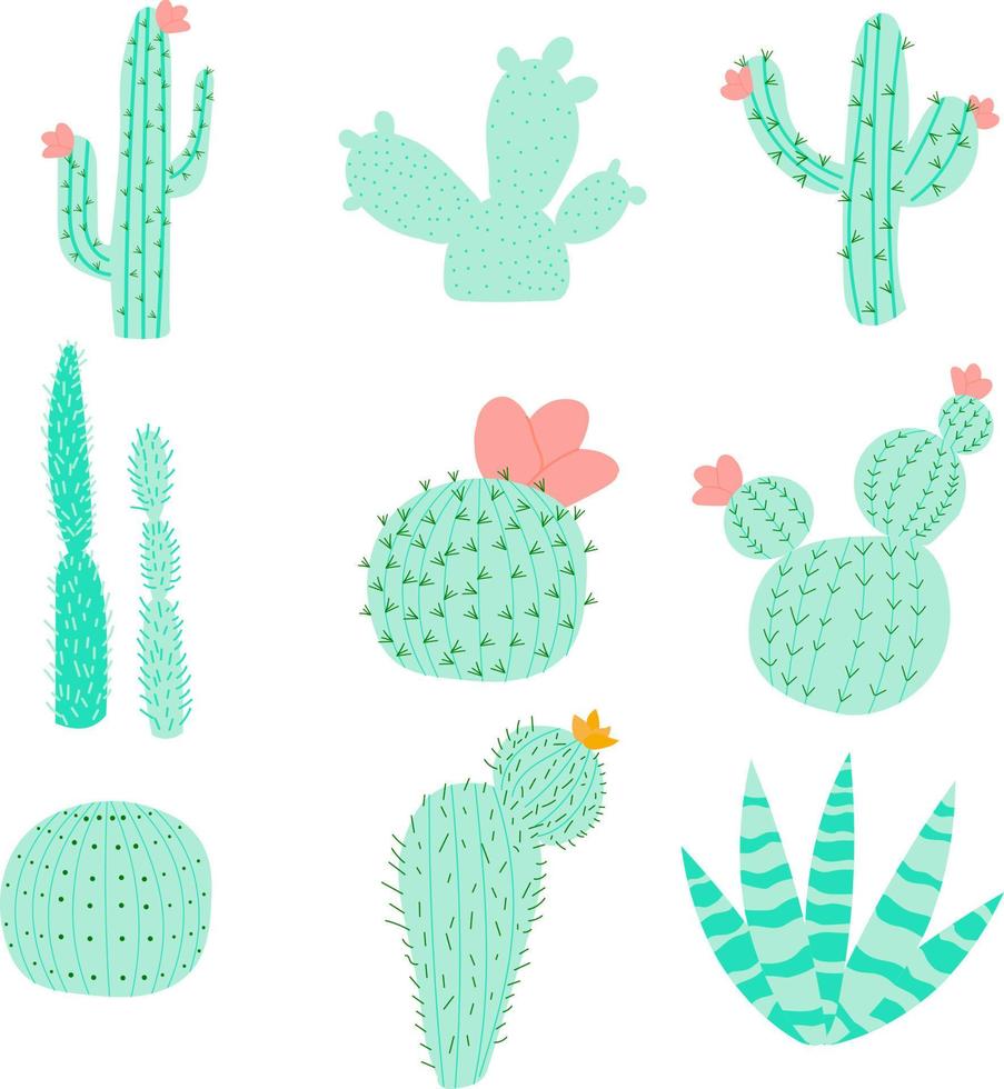 set di illustrazioni vettoriali con colori vivaci di cactus piatti. cactus con fiori. adorabili piante d'appartamento