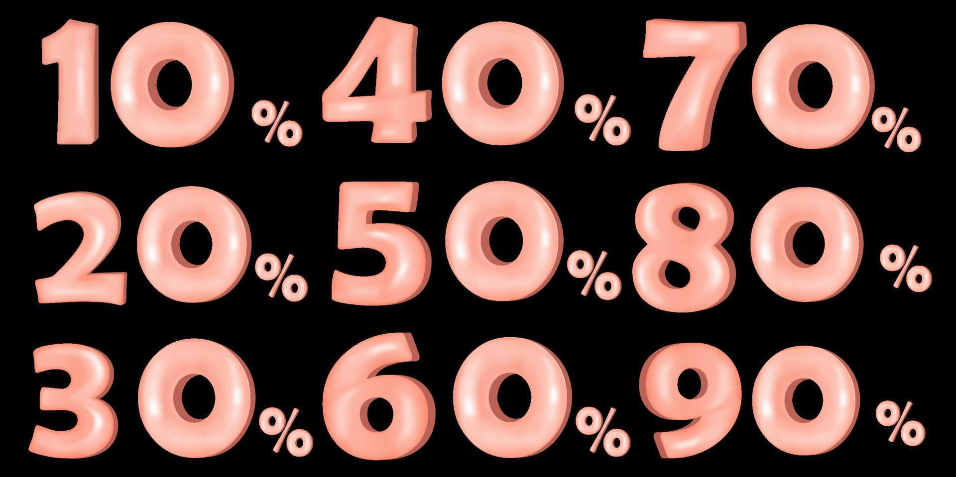 set di numeri 3d con percentuali. dal 10 percento al 90. lettere di plastica e aeree. illustrazione di riserva di vettore. sfondo nero. saldi. vettore