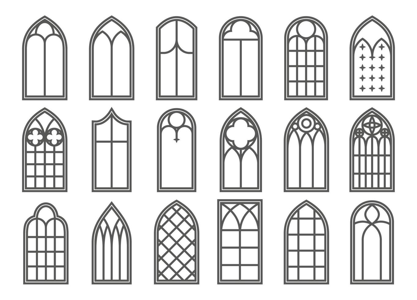 set di finestre medievali della chiesa. elementi di architettura in stile gotico antico. illustrazione di contorno vettoriale su sfondo bianco.
