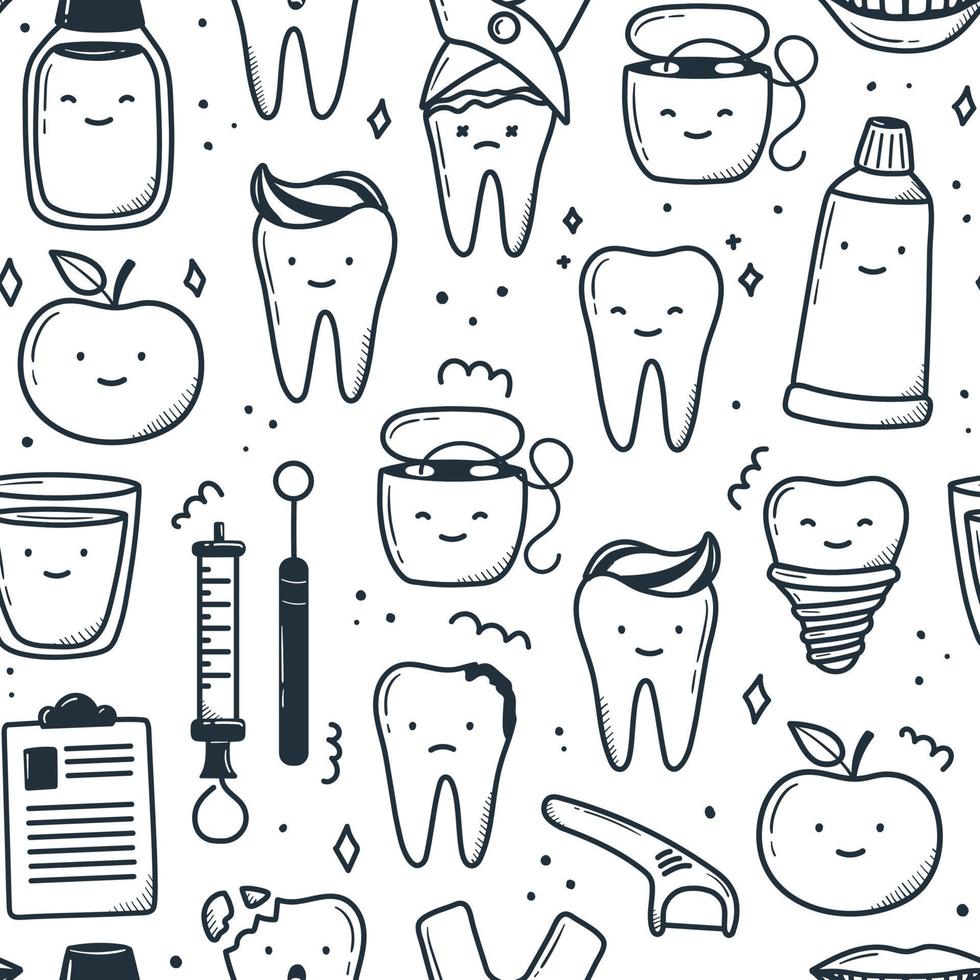 kawaii denti modello disegnato a mano in stile doodle. simpatiche illustrazioni lineari semplici. vettore