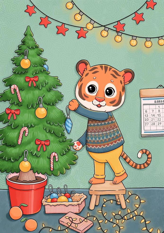 anno nuovo carino tigre che decora l'illustrazione di vettore dell'albero di natale