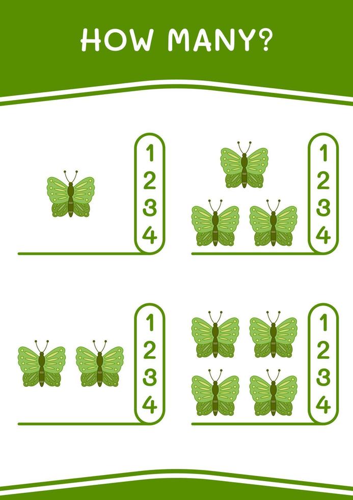 quante farfalle, gioco per bambini. illustrazione vettoriale, foglio di lavoro stampabile vettore