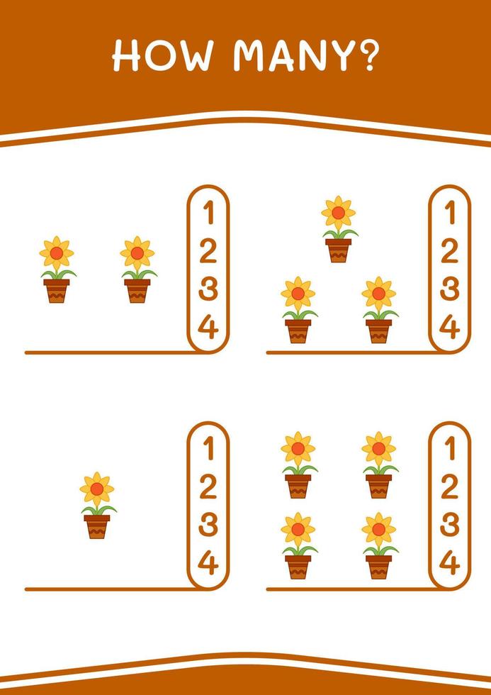 quanti di fiori, gioco per bambini. illustrazione vettoriale, foglio di lavoro stampabile vettore