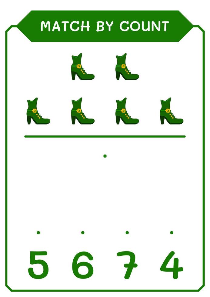 partita per conteggio di stivale leprechaun, gioco per bambini. illustrazione vettoriale, foglio di lavoro stampabile vettore