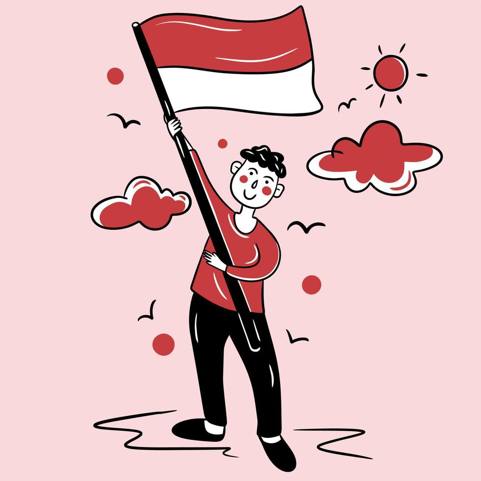 un ragazzo con in mano la bandiera indonesiana vettore