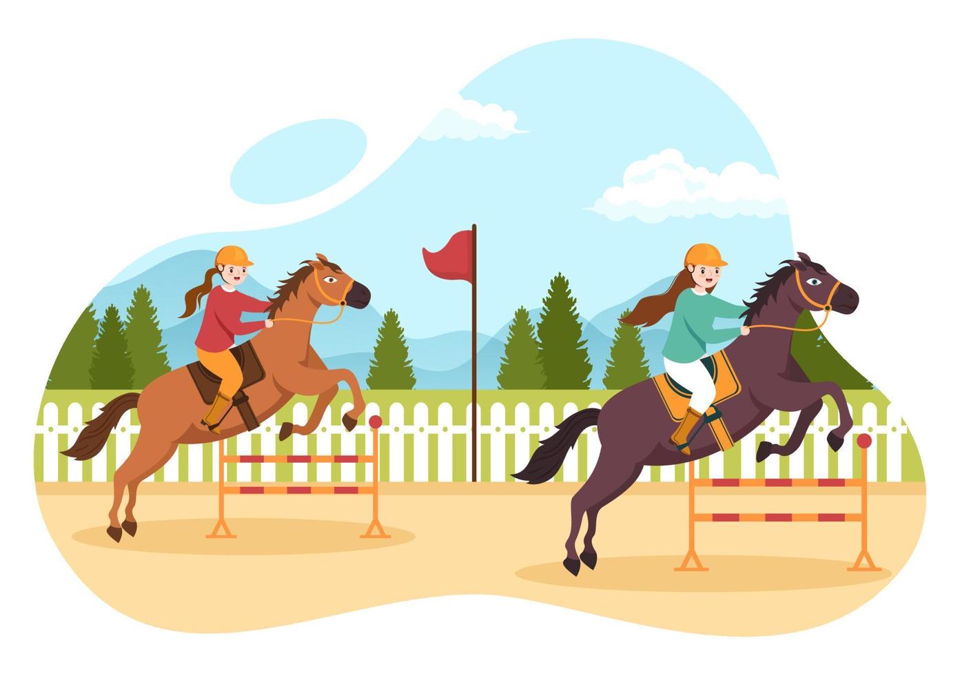 illustrazione del fumetto di corsa di cavalli con personaggi che fanno campionati sportivi da competizione o sport equestri in ippodromo vettore