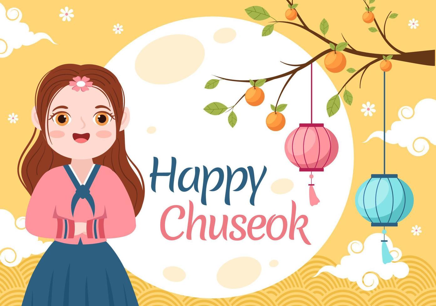 felice giorno di chuseok in Corea per il ringraziamento con le persone nel tradizionale hanbok, la luna piena e il paesaggio del cielo in un fumetto piatto vettore