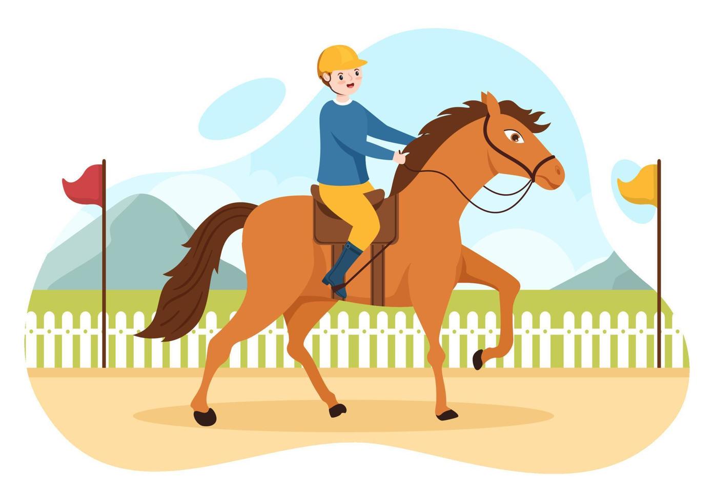 illustrazione del fumetto di corsa di cavalli con personaggi che fanno campionati sportivi da competizione o sport equestri in ippodromo vettore