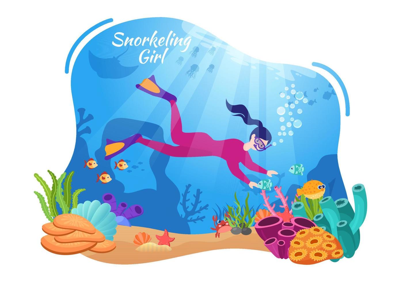 ragazza snorkeling con nuoto subacqueo esplorando il mare, la barriera corallina o il pesce nell'oceano in un'illustrazione vettoriale piatta del fumetto