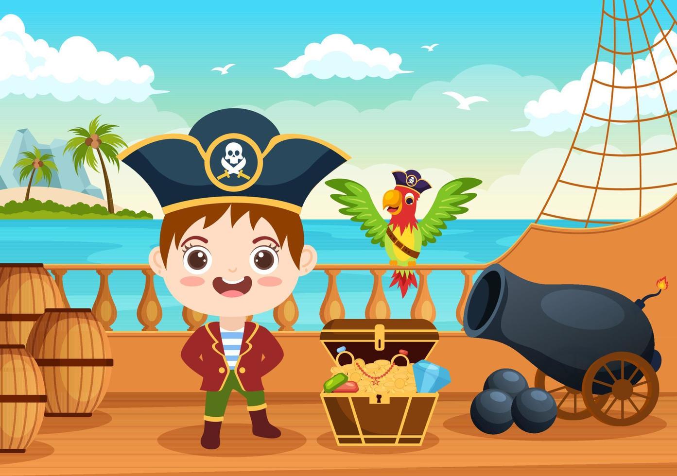 simpatico personaggio dei cartoni animati pirata illustrazione con ruota di legno, petto, caraibi vintage, pirati e jolly roger sulla nave sul mare o sull'isola vettore