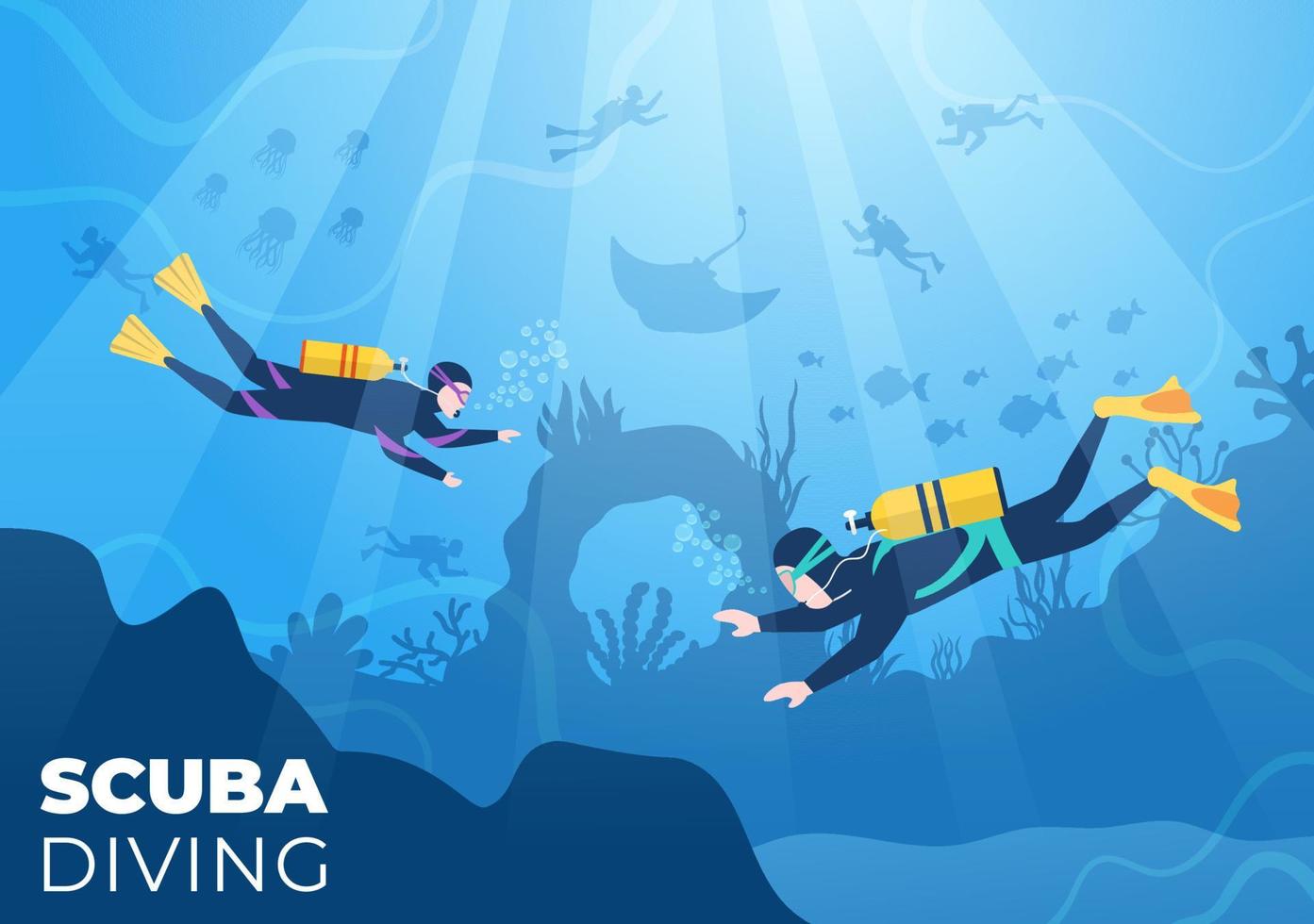 immersioni subacquee con attrezzatura per il nuoto subacqueo per esplorare la barriera corallina, la flora e la fauna marina o i pesci nell'oceano in un'illustrazione vettoriale piatta del fumetto