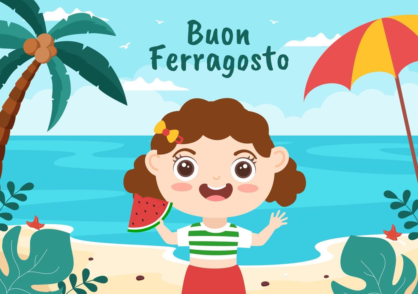 buon ferragosto festival estivo italiano in spiaggia fumetto illustrazione in un giorno festivo celebrato il 15 agosto in stile piatto design vettore