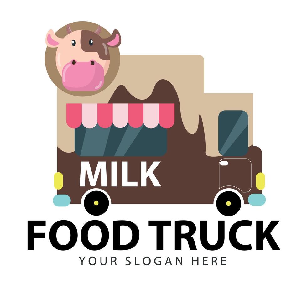 illustrazione di design piatto vettoriale moderno su un servizio di consegna di latte di vacca dotato di un camion di consegna locale dipinto con mucche,