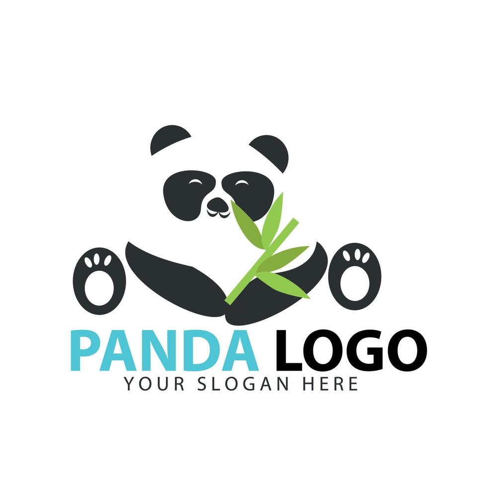 il logo del panda gigante del simpatico cartone animato è seduto per terra, con un ramo di foglia di bambù in mano vettore