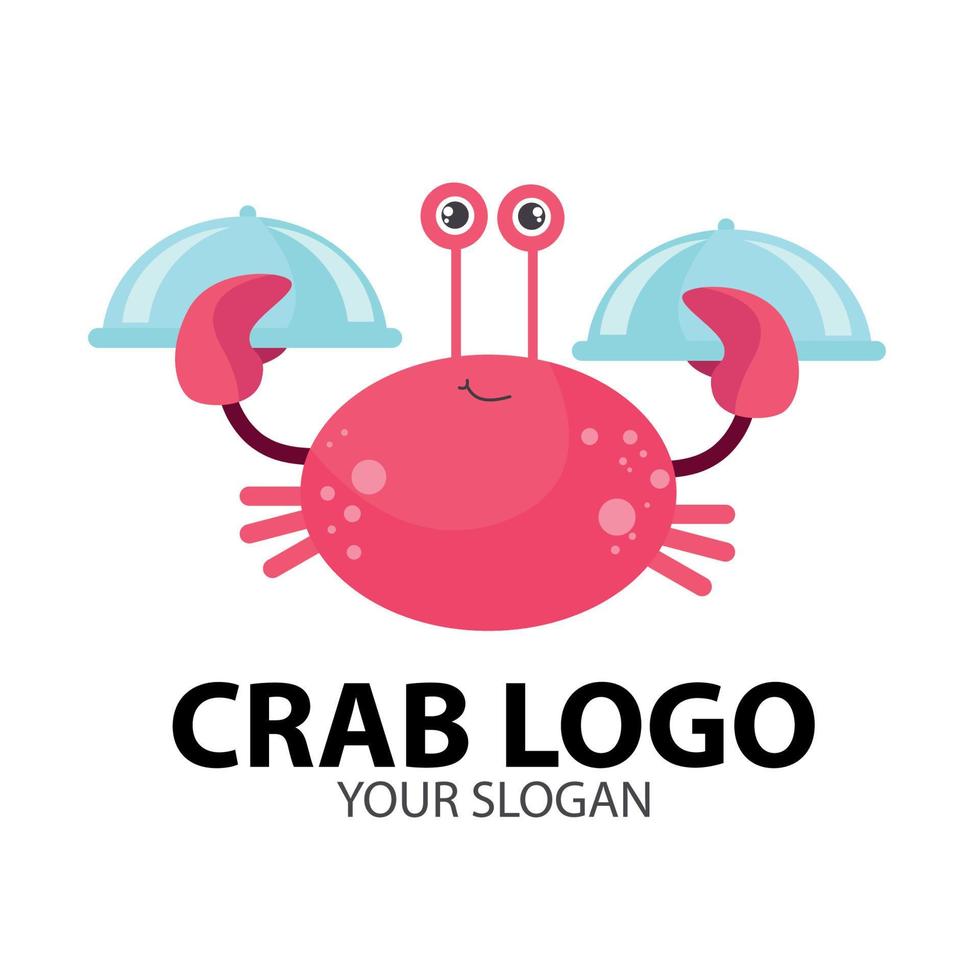 disegno del logo della mascotte del cameriere del ristorante del granchio rosso, logo dei frutti di mare vettore