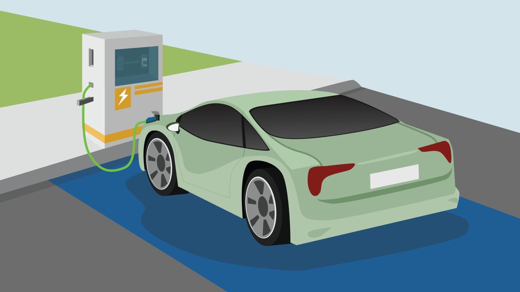 parcheggio di ricarica per auto sportive per veicoli elettrici presso la stazione di ricarica con un cavo plug-in. carica nel lato dell'auto alla batteria. vicino a strada asfaltata. vettore