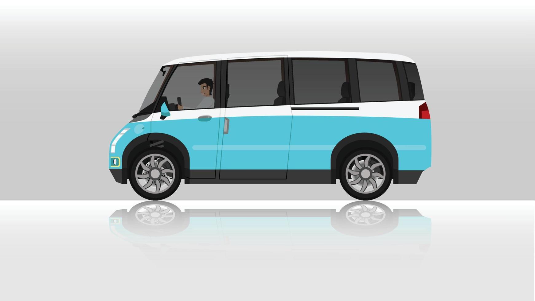 illustrazione vettoriale di concetto del lato dettagliato di un'auto furgone solista a due toni piatta con uomo alla guida all'interno dell'auto. con l'ombra dell'auto riflessa dal terreno sottostante. e sfondo bianco isolato.