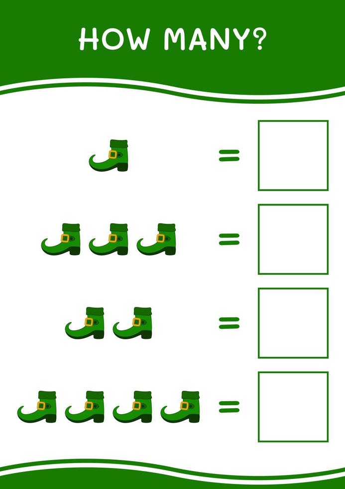 quanti di stivali leprechaun, gioco per bambini. illustrazione vettoriale, foglio di lavoro stampabile vettore