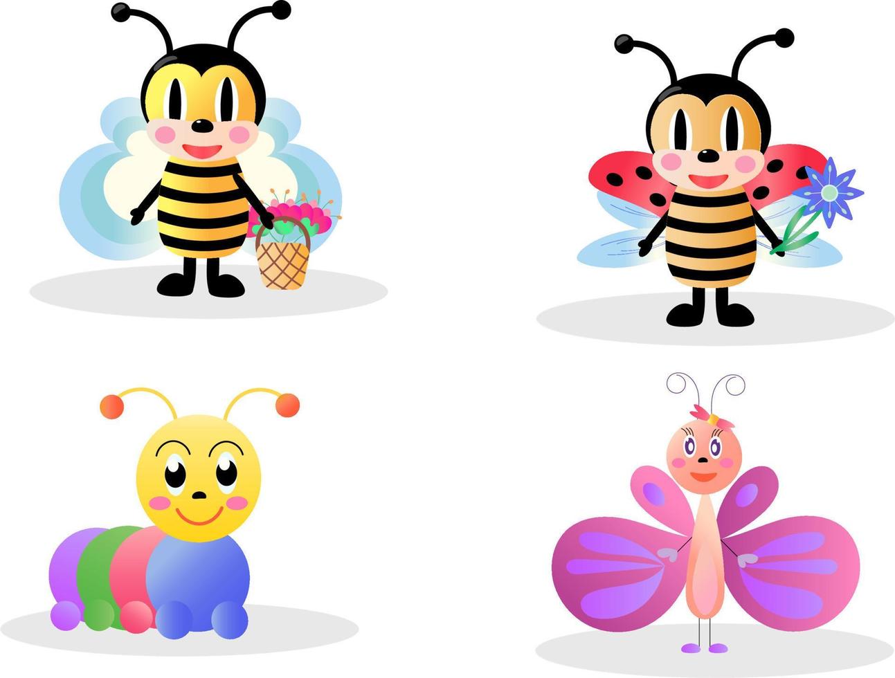 impostare simpatici insetti. illustrazione vettoriale luminosa in stile cartone animato. farfalla, ape, bruco, coccinella.