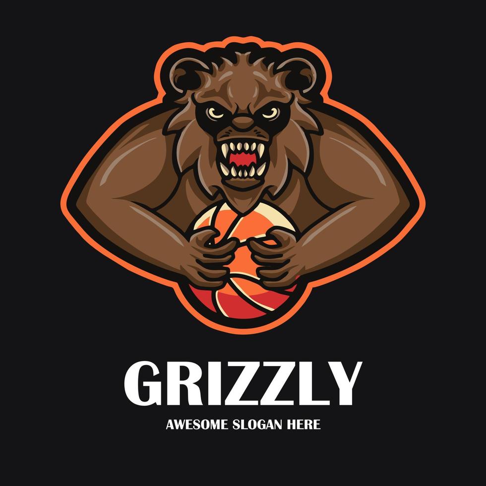 logo della mascotte del basket dell'orso grizzly vettore