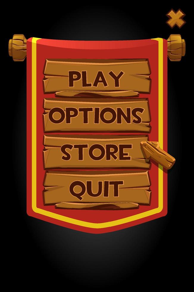 pop up banner pannelli in legno e bandiera rossa per il gioco. illustrazione vettoriale di una finestra di menu personalizzata, pulsanti in legno e freccia.