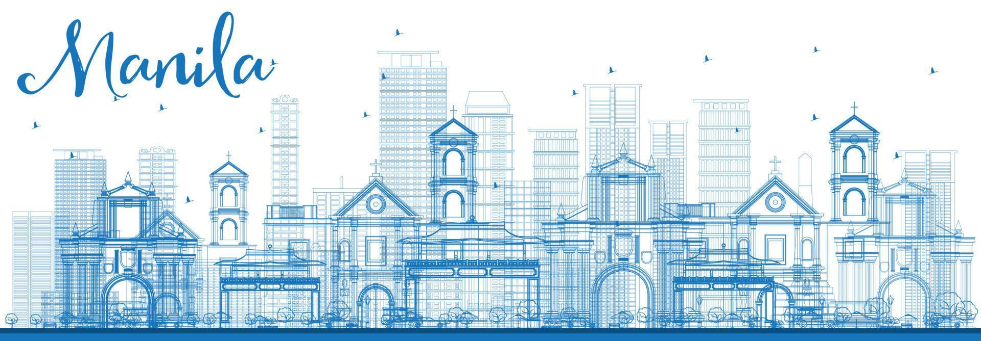 delineare lo skyline di manila con edifici blu. vettore