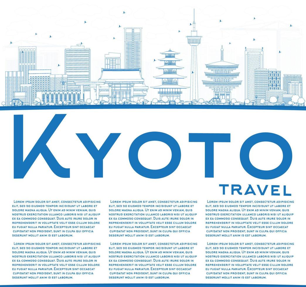 delinea lo skyline di kyoto con punti di riferimento blu e copia spazio. vettore