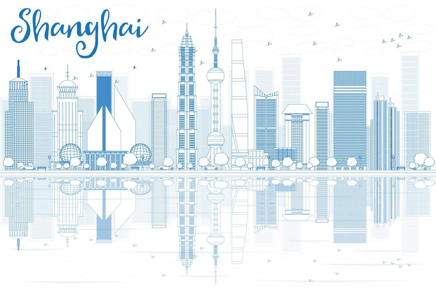 delineare lo skyline di shanghai con grattacieli blu e riflessi. vettore