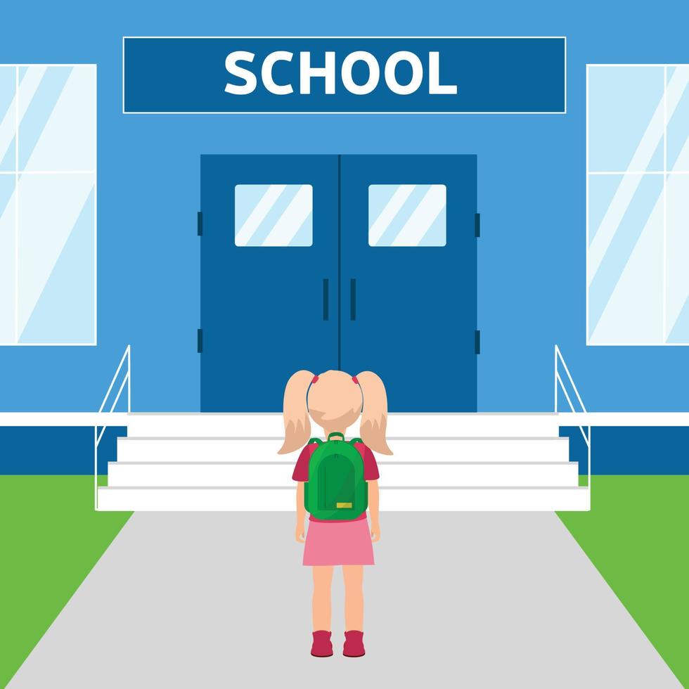 la ragazza con lo zaino va a scuola. vista posteriore. primo giorno di scuola il padre accompagna a scuola la bambina della prima elementare vettore