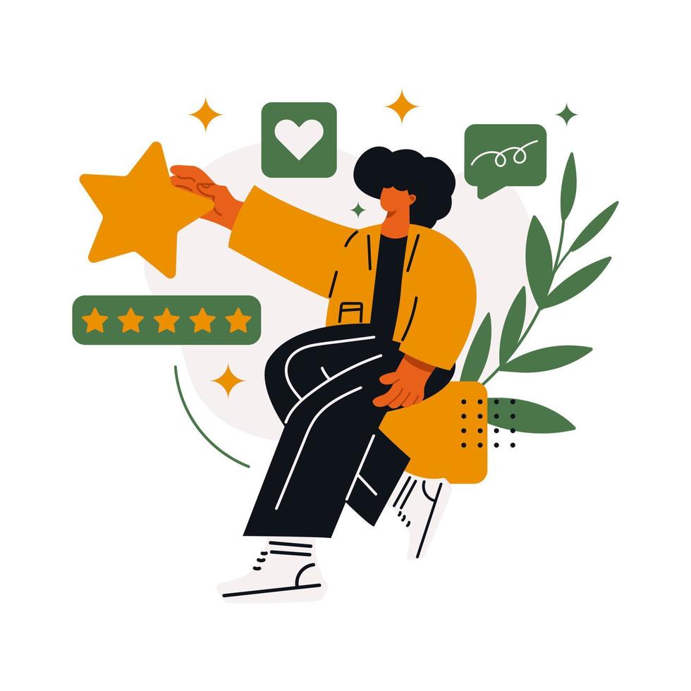 valutazione delle recensioni dei clienti. le persone danno valutazioni e feedback delle recensioni. illustrazione vettoriale piatta. scelta del cliente. feedback delle stelle di valutazione della classifica. illustrazione vettoriale piatta isolata su sfondo bianco