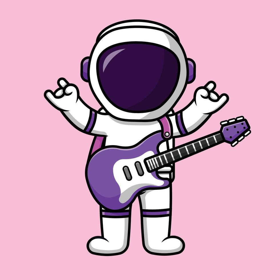 carino astronauta che suona la chitarra elettrica cartone animato icona vettore illustrazione. concetto di cartone animato piatto di musica scientifica