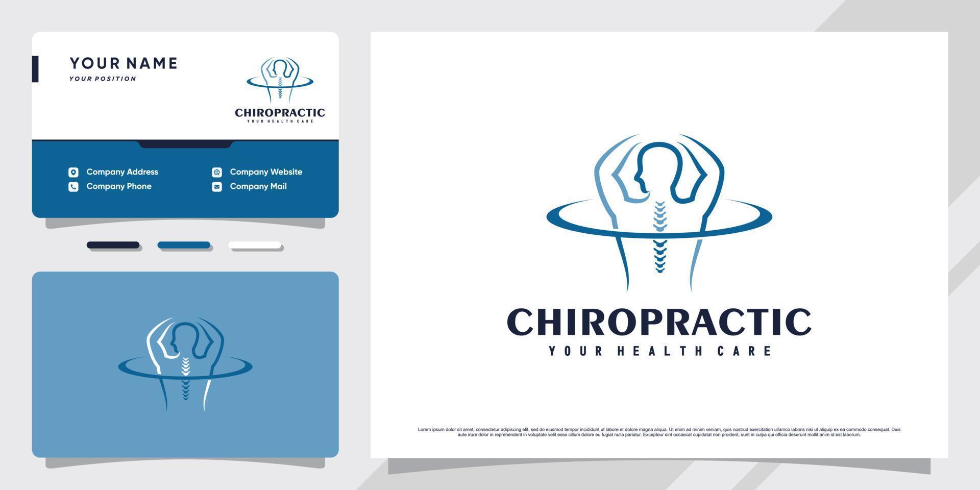 design del logo chiropratico per terapia di massaggio con modello di biglietto da visita vettore premium