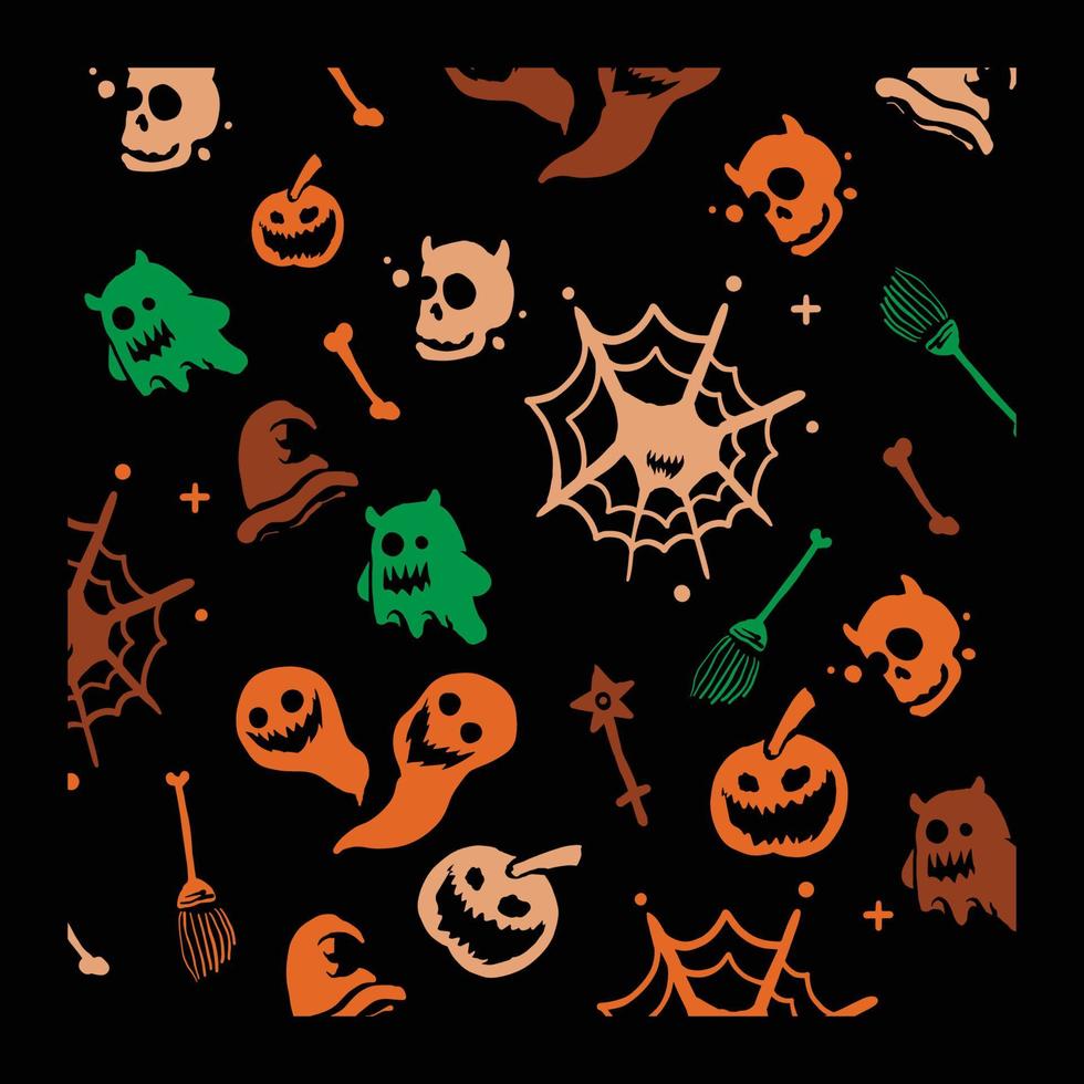 modello senza cuciture festivo di doodle di halloween. sfondo infinito disegnato a mano di vettore con zucche, teschi, fantasmi, ragnatele, ossa e scope. Dolcetto o scherzetto. vettore libero